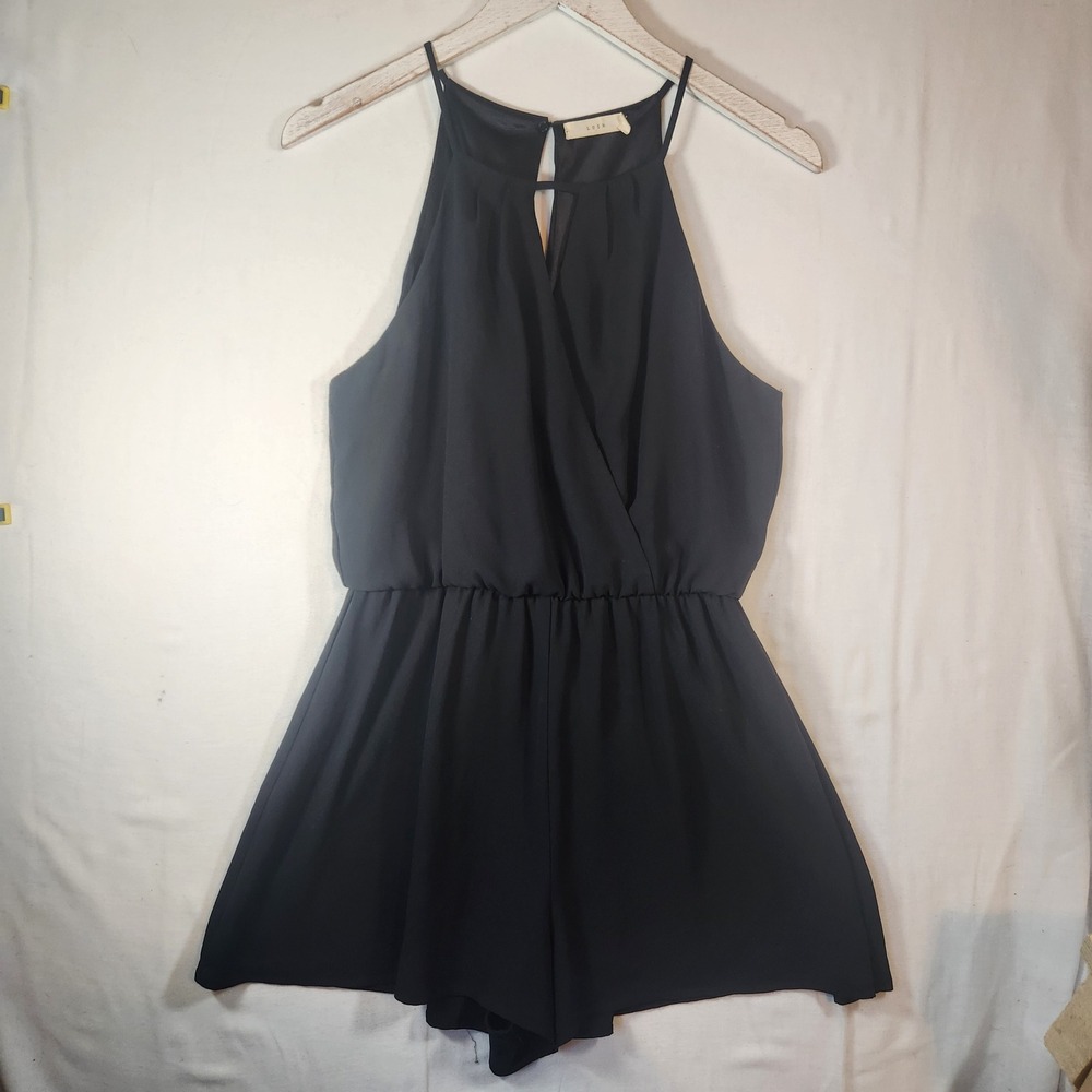 Lush Black Halter Neck Surplice Wrap Romper Elastic Waist Keyhole Sleeveless